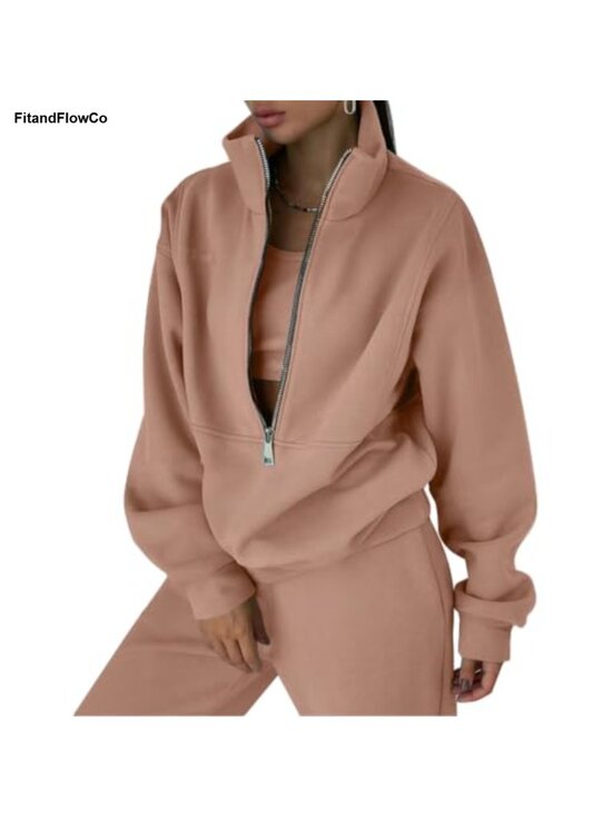 Pants - Womens 2 Piece Fleece Tracksuit Half Zip Sweatsuit Set
